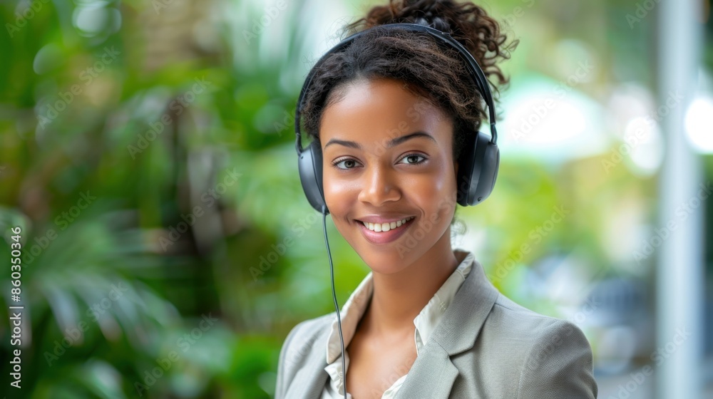 A smiling, confident businesswoman wears a headset, exuding professionalism. A smiling, confident businesswoman wears a headset, exuding professionalism.