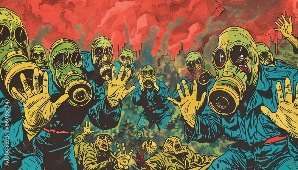 Colorful Pop Art Gas Masks with Smoke in Background Colorful Pop Art Gas Masks with Smoke in Background