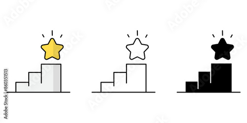 Goal line icons set, stairs and star ymbol isolated background, silhouette icon, winner flat simple infographics design template. vector illustration.