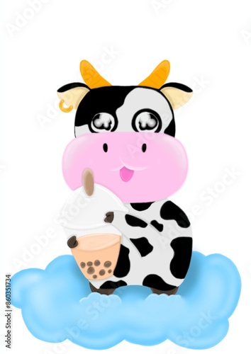 Cow with bubble milk tea. A adorable cow is enjoying a delicious bubble milk tea. Bubble milk tea has sweet sugar ingredients. When eaten, it makes adorable cow feel happy.