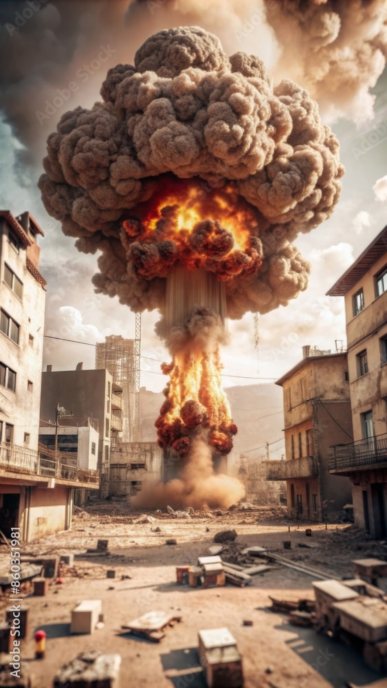 Fototapeta premium City explosion with mushroom cloud, intense and destructive, devastation of cityscape