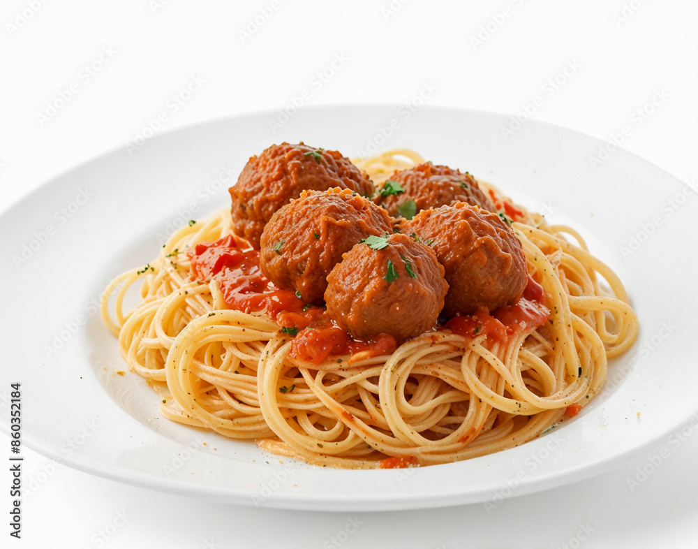 Spaghetti pasta with meatballs falling into a plate, isolated on white background Spaghetti pasta with meatballs falling into a plate, isolated on white background