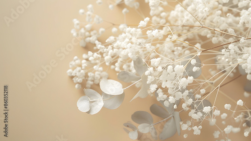 Dried White gypsophila flowers and white eucalyptus leaves frame close up on beige  background selective focus banner Copy space Flowers backgroundMinimal floral template : Generative AI photo