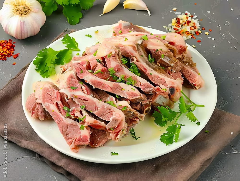 A plate of meat with garlic and parsley. A plate of meat with garlic and parsley.