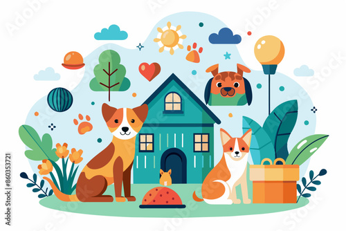 Pet-Friendly House with Dogs and Plants. Vector illustration of a pet-friendly house with dogs, plants, and outdoor elements, promoting a pet-friendly home environment