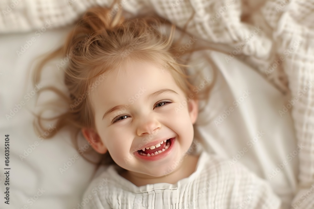 Joyful young girl laughs happily while resting on cozy bed
