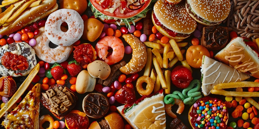 A large pile of various foods including donuts, chips and hamburgers. A large pile of various foods including donuts, chips and hamburgers.