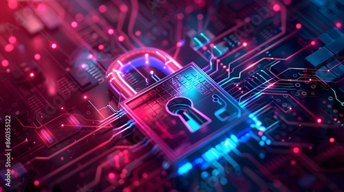 A digital illustration of an abstract lock icon with glowing red and blue lights, set against the backdrop of blurred circuit boards. This design style tech-inspired wallpaper or graphic element.