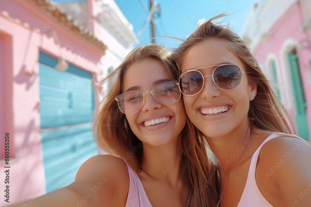 Joyful Female Friends Taking a Lively Alley Selfie with Vibrant Urban Backdrop Joyful Female Friends Taking a Lively Alley Selfie with Vibrant Urban Backdrop