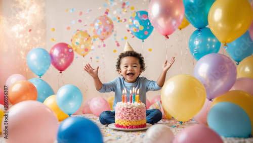 Bambino sorridente festeggia il compleanno circondato da palloncini colorati © Wabisabi