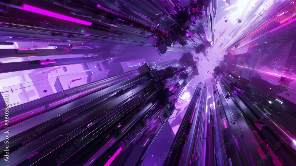 A purple and white image of a cityscape with a purple sky. The scene is futuristic and mysterious. Copy space and abstract background. A purple and white image of a cityscape with a purple sky. The scene is futuristic and mysterious. Copy space and abstract background.
