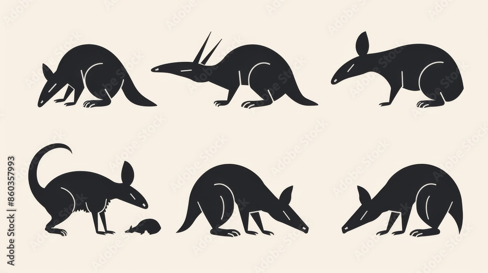 Obraz premium This image shows a collection of stylized black marsupial silhouettes against a cream background, depicting various poses