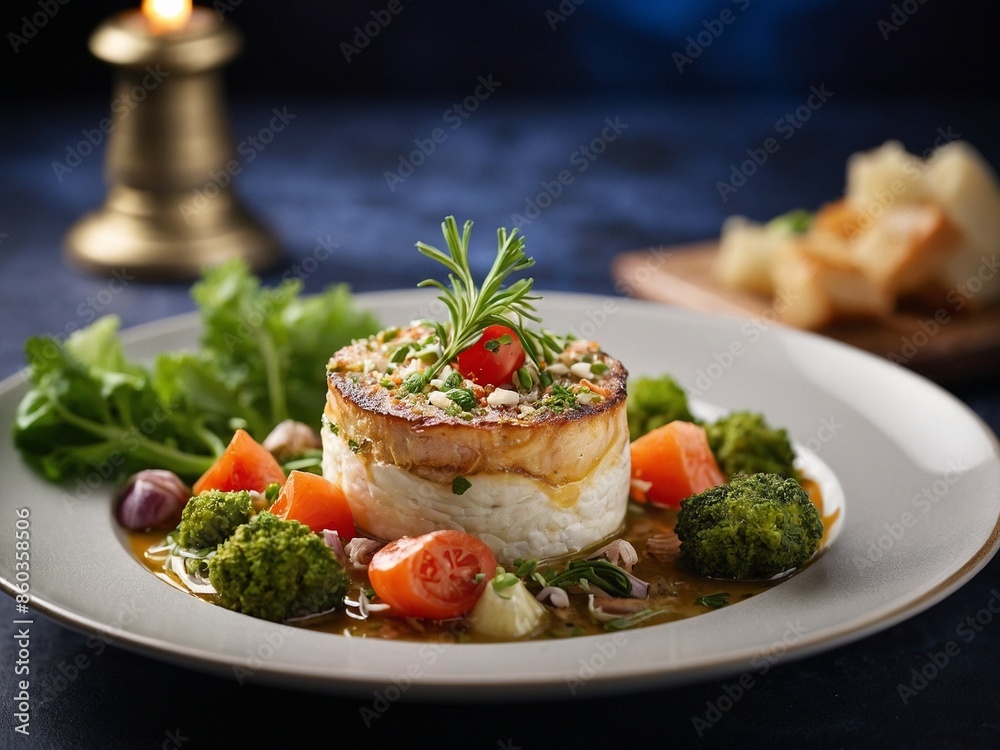 Delicious Michelin starred dinner meal at fine dining restaurant, masterpiece of culinary, food photography Delicious Michelin starred dinner meal at fine dining restaurant, masterpiece of culinary, food photography