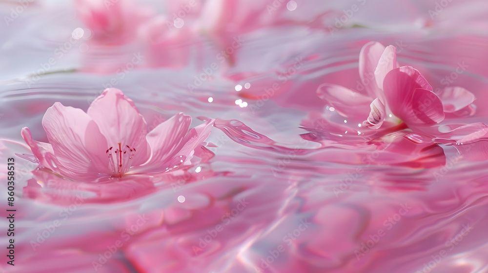 Obraz premium Pink aquatic transparent water texture with ripples and drops and pink flowers Water background : Generative AI