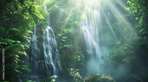 Serene waterfall in a lush green forest illuminated by sunlight, creating a peaceful and tranquil natural landscape with flowing water and vibrant foliage. photo