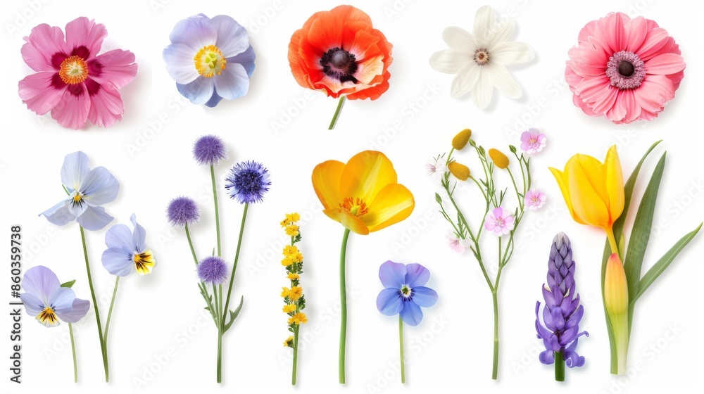The image shows a collection of diverse flower species with each flower isolated on a white background The image shows a collection of diverse flower species with each flower isolated on a white background