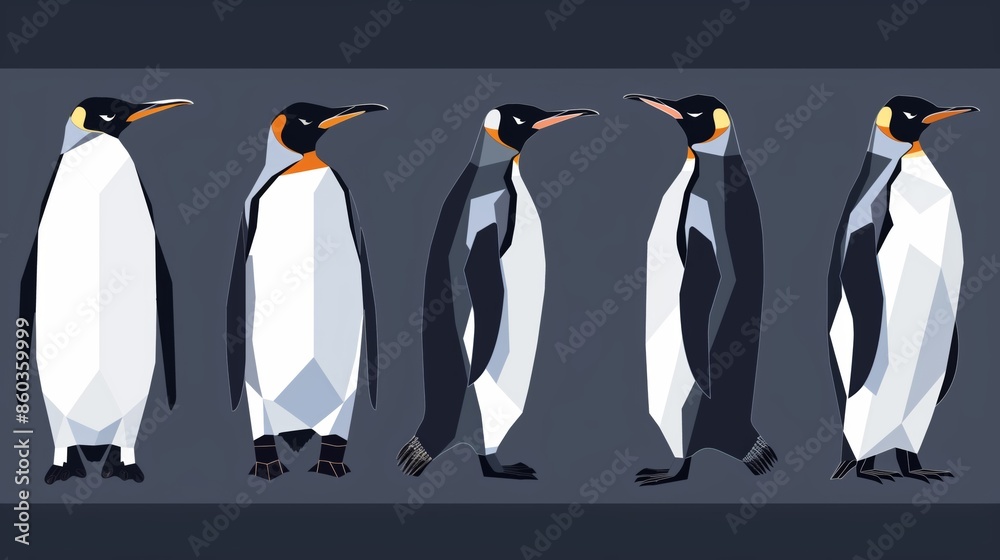 Obraz premium Five penguins standing in a row, each with distinct geometric shapes, against a dark background