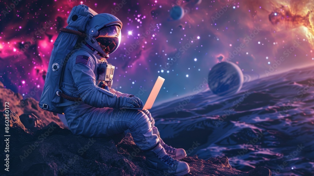 Obraz premium Digital nomad astronaut on glowing asteroid with laptop, Galaxy view, Futuristic space workspace