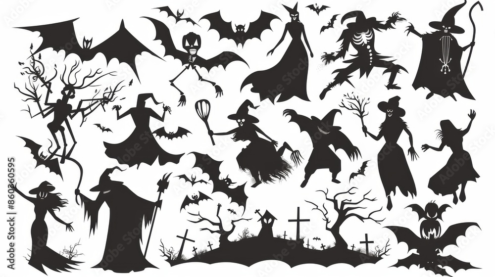 A variety of black silhouette images depicting Halloween themes like witches, bats, and haunted houses A variety of black silhouette images depicting Halloween themes like witches, bats, and haunted houses