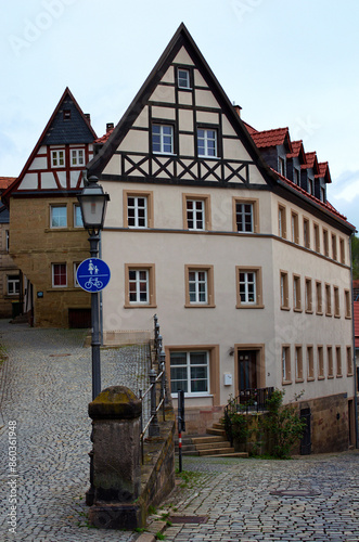 Street view with colorful historical buildings in the Kronach town, Bavaria, region Upper Franconia, Germany. Travel and tourism concept