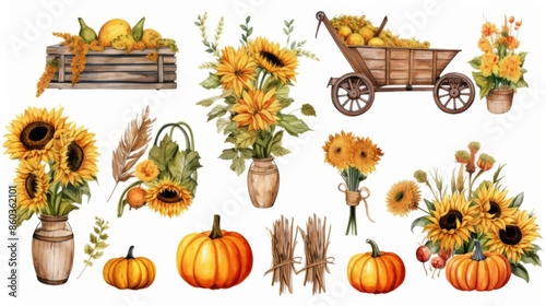 Various watercolor illustrations of sunflowers and autumn harvest elements ideal for fall season decor