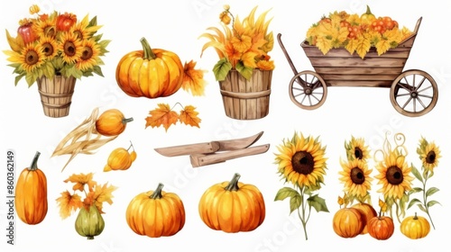 A collection of watercolor painted fall harvest items including pumpkins, sunflowers, and a wagon