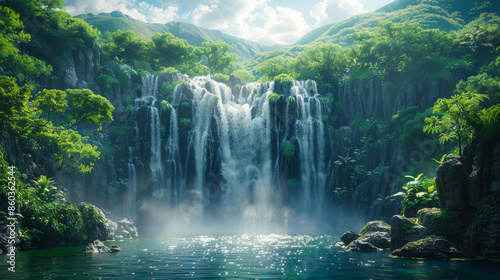Natural landscape. Beautiful waterfall in the exotic jungle. Lots of greenery around the waterfall. Water concept, natural phenomena. photo