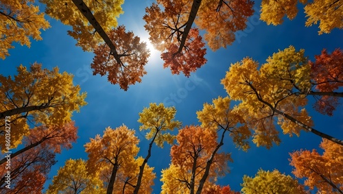 The kaleidoscope of colors in the autumn forest under a crisp blue sky ai_generated