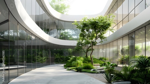 A modern office building with glass walls and trees growing inside, featuring green plants in the courtyard for shading and creating an atmosphere of natural light and air flow.