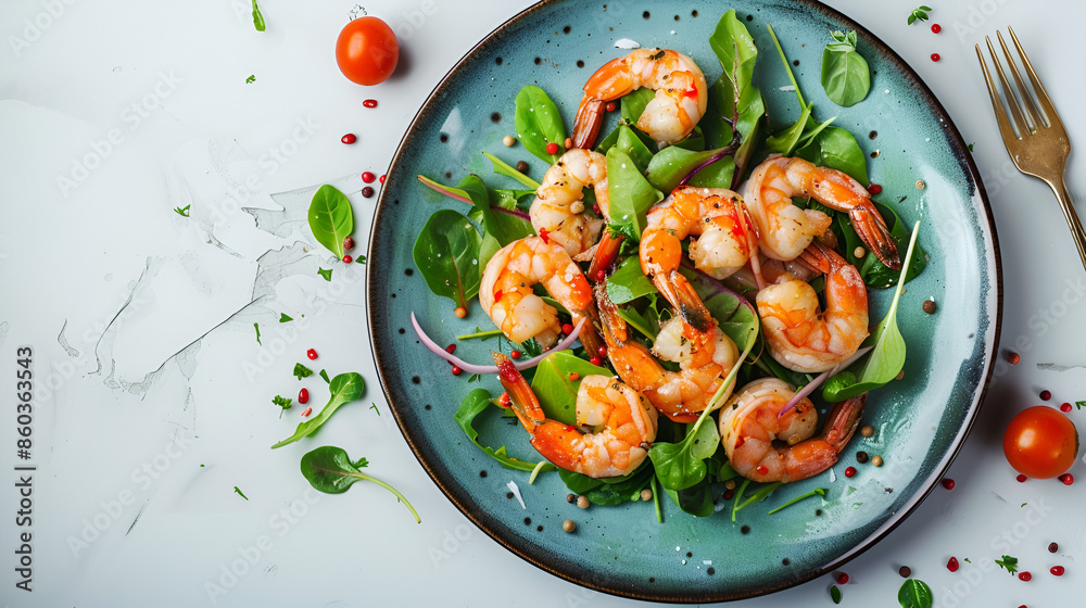 delicious shrimp salad on blue plate on white background with copy space delicious shrimp salad on blue plate on white background with copy space