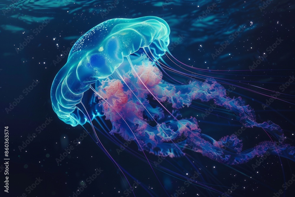 Jellyfish with bioluminescent tentacles drifting in a dark ocean, symbolizing the fluid and glowing nature of creativity. 