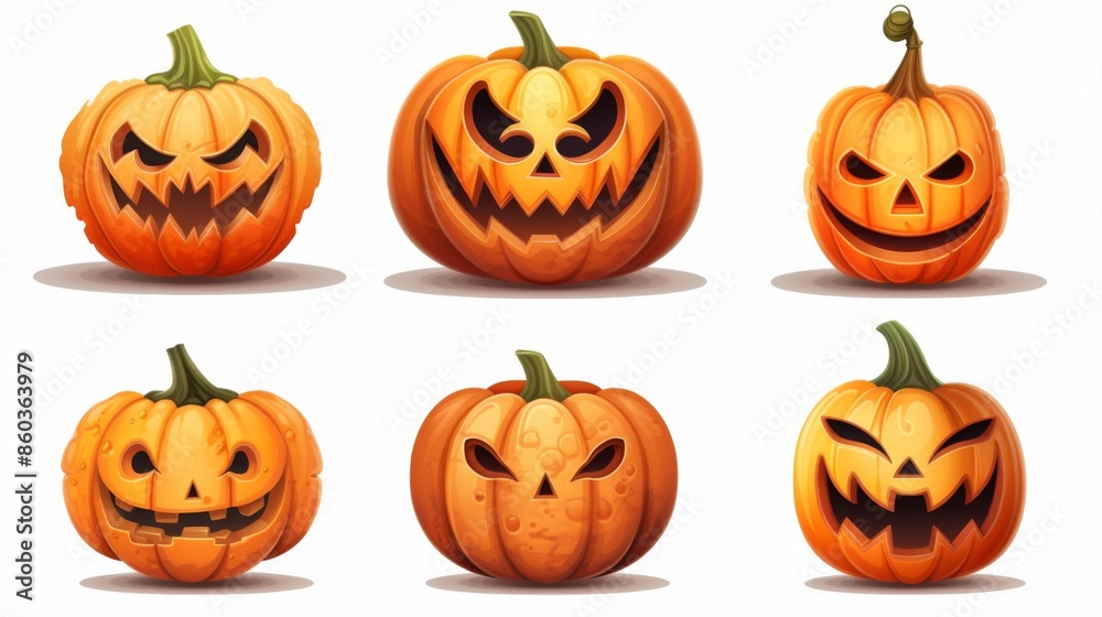 Digital illustrations of carved pumpkins with various expressions, perfect for Halloween-themed designs Digital illustrations of carved pumpkins with various expressions, perfect for Halloween-themed designs