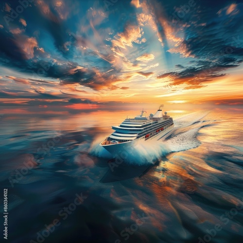 A cruise ship so at full speed the ocean sun rise sky background photo