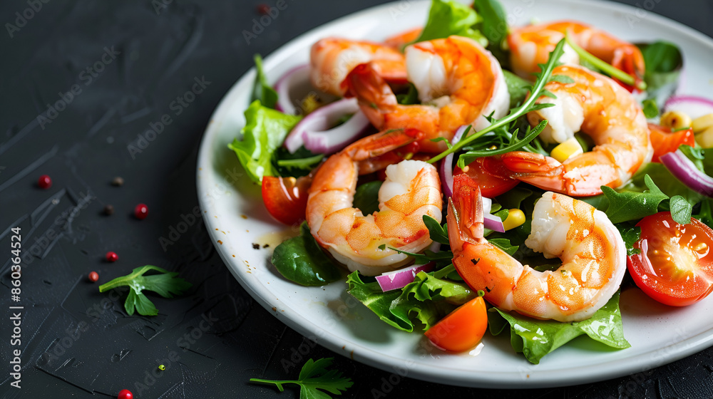 delicious shrimp salad on blue plate on white background with copy space delicious shrimp salad on blue plate on white background with copy space