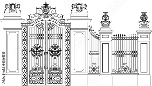 Vector silhouette illustration sketch of a detailed design of a classic vintage European style old iron fence gate