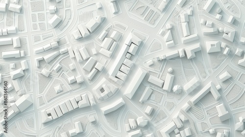 Detailed 3D Street Map of a City Featuring White Lines and Blocks to Represent Roads and Buildings
