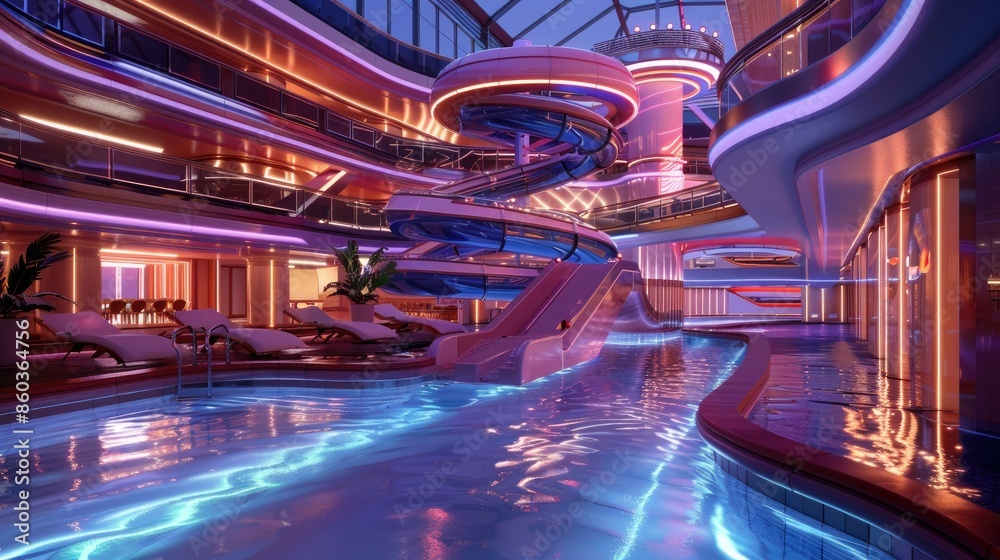 A huge luxurious cruise ship with 4 floors, at the top of the ship there is a swimming pool with a bar and water slides, an morning atmosphere and illuminated with LED lights A huge luxurious cruise ship with 4 floors, at the top of the ship there is a swimming pool with a bar and water slides, an morning atmosphere and illuminated with LED lights