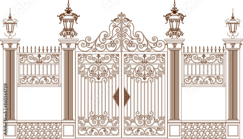 Vector silhouette illustration sketch, detailed drawing of fence gate silhouette design 0full of ornaments, frame, background, old classic vintage ethnic traditional floral decoration