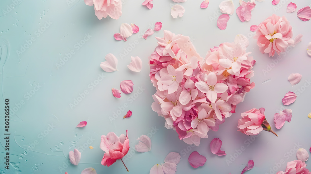Creative layout with pink flowers paper heart over punchy pastel background Top view flat lay Spring summer or garden concept Present for Woman day : Generative AI