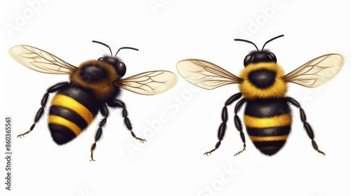 The illustration portrays two bees in a lifelike manner, showcasing their distinctive stripes and translucent wings on a white backdrop © Felix