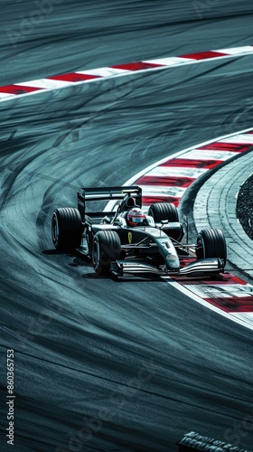 A race car formula 1 speeding around a corner on a track  photo