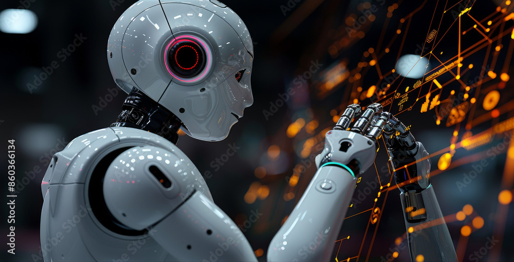 Fototapeta premium Humanoid Robot with Digital Interface: A Sleek Futuristic Design