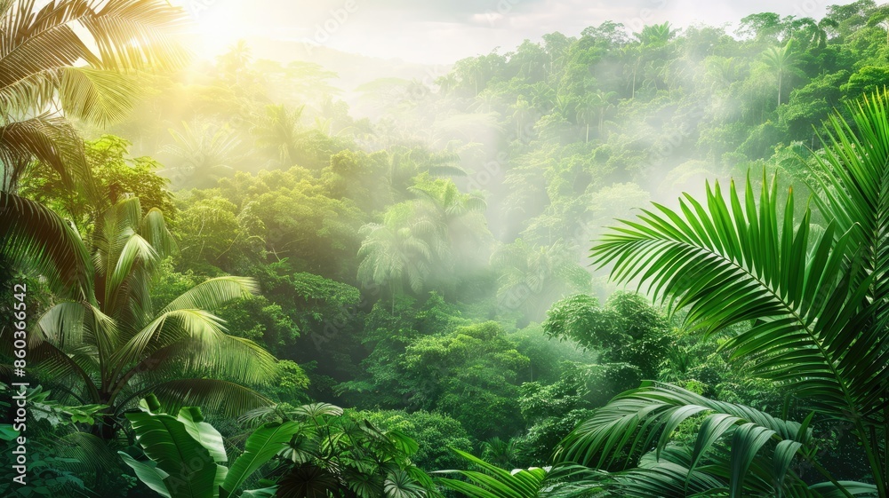 Lush tropical rainforest with dense greenery and mist Lush tropical rainforest with dense greenery and mist