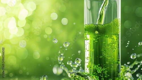 Green liquid with bubbles being poured amidst splashes on green background photo