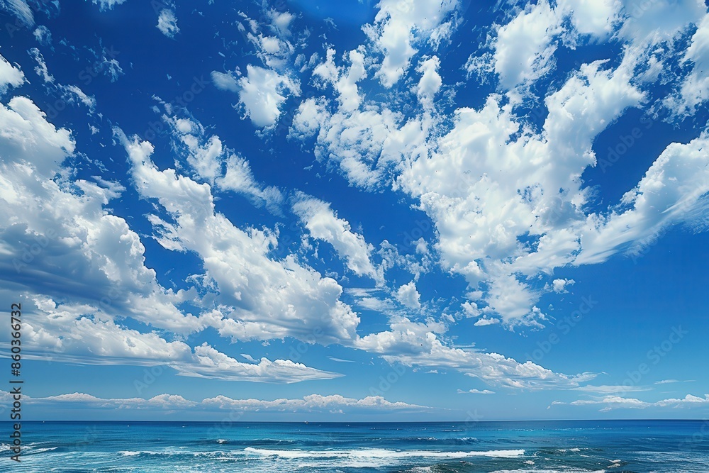 Crystal-clear ocean horizon under white clouds, a serene vista with room for text. Crystal-clear ocean horizon under white clouds, a serene vista with room for text.