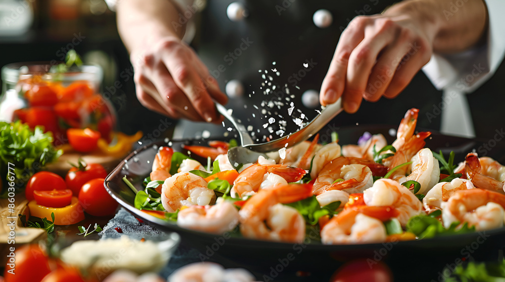 chef preparing shrimp salad on dark background chef preparing shrimp salad on dark background