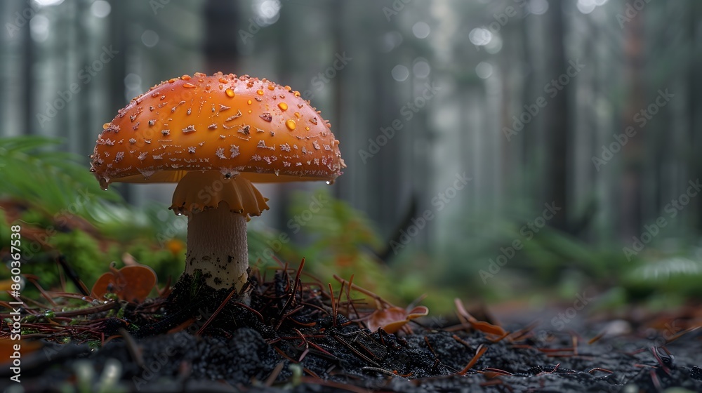 A single dew-kissed mushroom emerging from the rich, damp earth of a forest floor, with the dense foliage of the forest gently out of focus in the background. A single dew-kissed mushroom emerging from the rich, damp earth of a forest floor, with the dense foliage of the forest gently out of focus in the background.