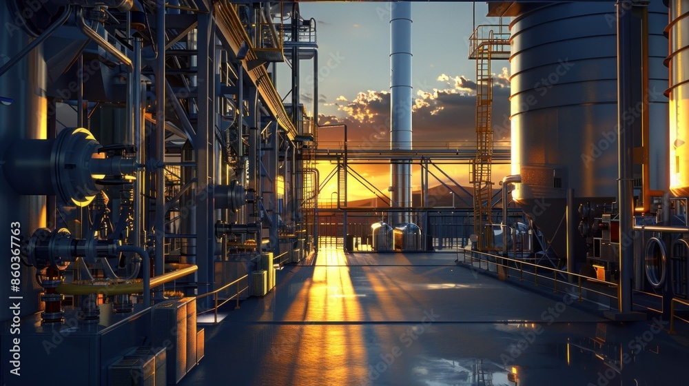 An intricate nuclear fuel reprocessing facility featuring complex machinery and chemical tanks, showcasing industrial design and technical precision. An intricate nuclear fuel reprocessing facility featuring complex machinery and chemical tanks, showcasing industrial design and technical precision.