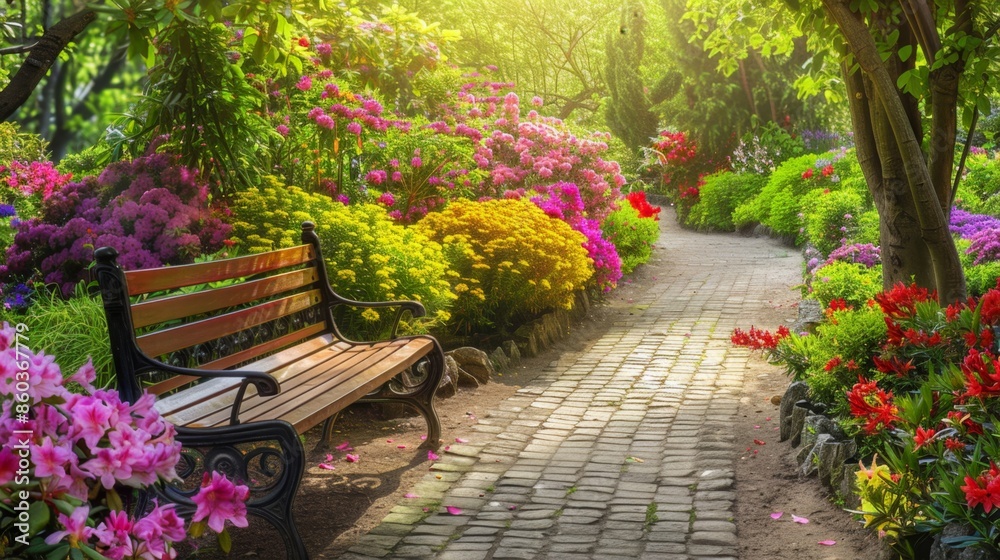300. Outdoor garden with a bench and blooming flowers 300. Outdoor garden with a bench and blooming flowers
