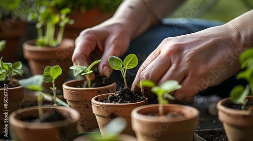 Planting Seeds: Hands planting seeds in small pots, starting a new garden indoors.